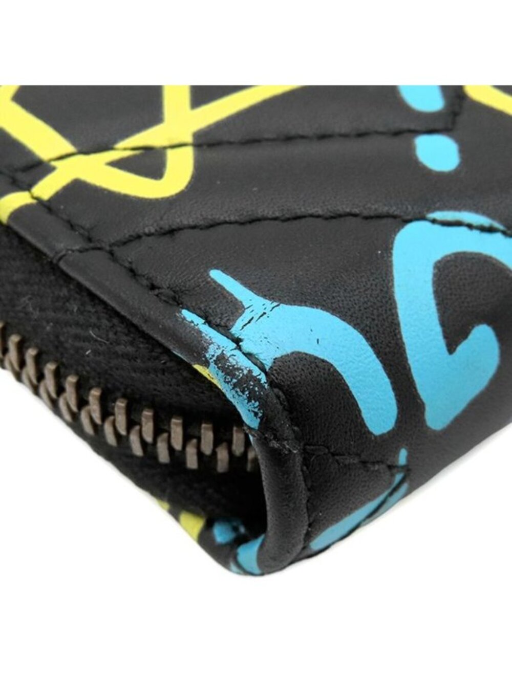 Gucci Wallet Ghost Zip Around Leather Black Yellow Blue Vintage GG Star Doodle - Picture 4 of 12